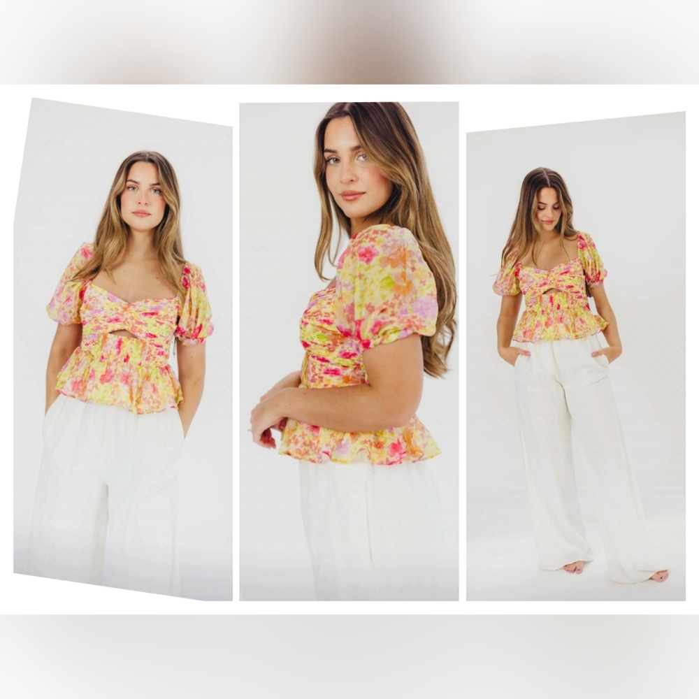 Astr Floral Puff Sleeve Blouse - Pink and Yellow